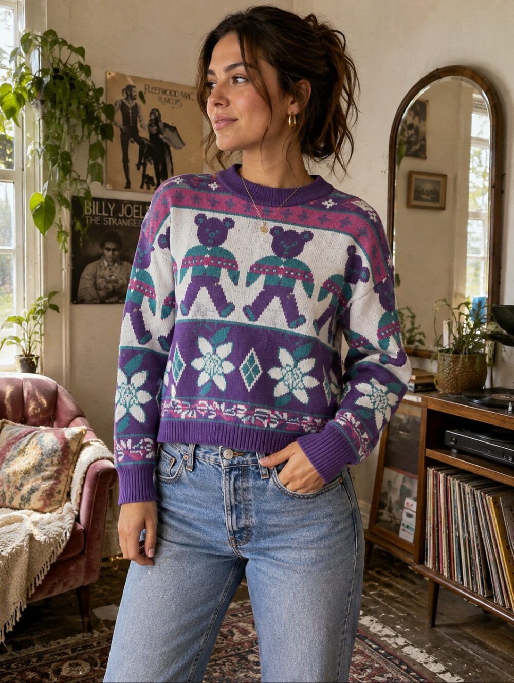 Vintage Sears Teddy Bear Fair Isle Sweater 90s Novelty Knit